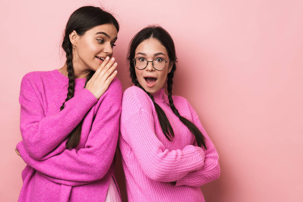 Image of two happy teenage girls with braids in casual clothes gossiping together isolated over pink background - Zdjęcie, obraz