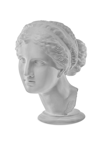 Gypsum copy of ancient statue Venus head isolated on white background. Plaster sculpture woman face. - Photo, Image