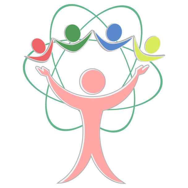 Πρότυπο λογότυπο Baby Care. Μια γυναίκα σηκώνει τα χέρια της στα χαρούμενα παιδιά. Κίνητρο σχεδιασμός ανθρώπινη επικοινωνία, ενότητα, μαζί, επικοινωνία, στάση. - Διάνυσμα, εικόνα