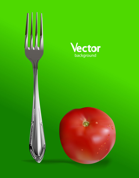 Photorealistic fresh tomato with fork. - ベクター画像