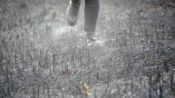 Prise de vue cinématographique de l'avant des jambes de course en bottes élégantes en cuir à semelles hautes noires sur de l'herbe de frêne brûlée dans un champ inhabité au ralenti. Fille en chaussures court sur le sol brûlé au printemps
 - Séquence, vidéo