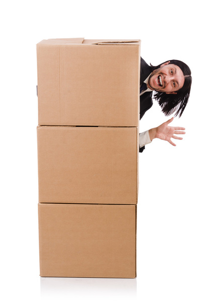 Смешной человек с коробками на белом - Фото, изображение