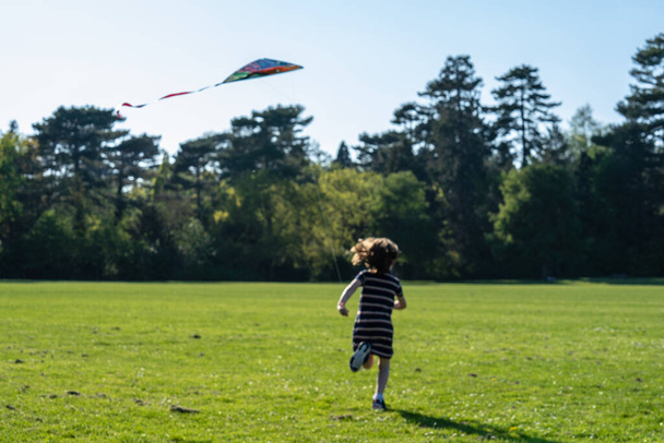 Kleines Mädchen läuft mit Drachen im Park. Weicher Fokus - Foto, Bild