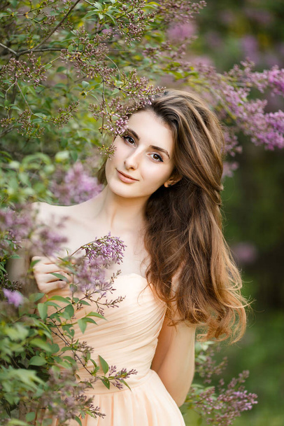 Beautiful girl in a vintage dress in spring lilac garden. - Photo, image