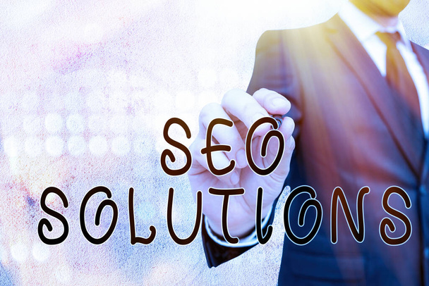 Signo de texto que muestra Seo Solutions. Foto conceptual Motor de búsqueda Página de resultados Aumentar los visitantes por rankings
. - Foto, Imagen