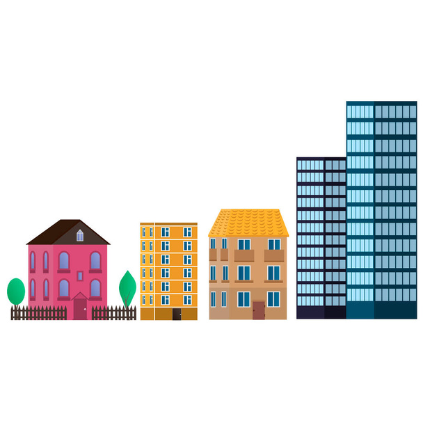 Edificios en la ciudad. Casa, casa de campo, palacio, rascacielos. Gráficos vectoriales
 - Vector, Imagen