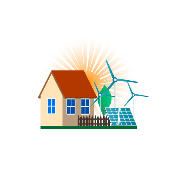 Energia verde e casa ecológica. Painel solar e moinho de vento. Ilustração vetorial
 - Vetor, Imagem