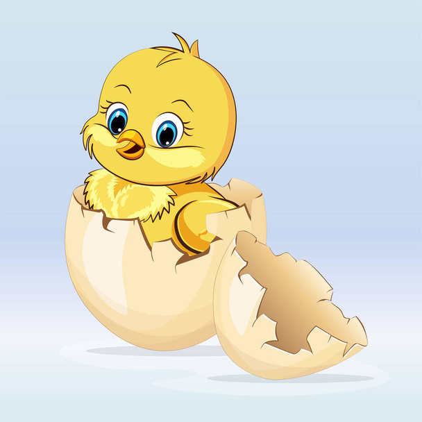 Cute cartoon newborn chick with egg, vector clip art illustration - Vector, Image