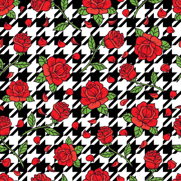 Houndstooth and doodle rose vectot seamless pattern. - Vector, Imagen