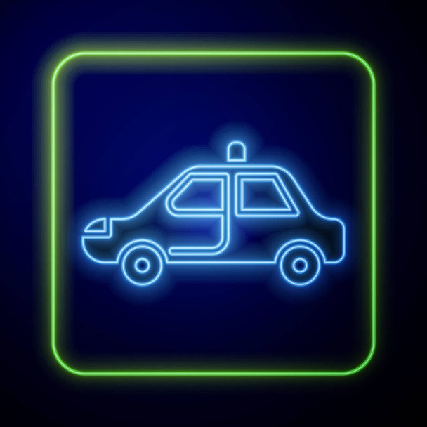 Leuchtendes neonfarbenes Polizeiauto und Blaulicht-Symbol auf blauem Hintergrund. Notrufsirene. Vektorillustration - Vektor, Bild