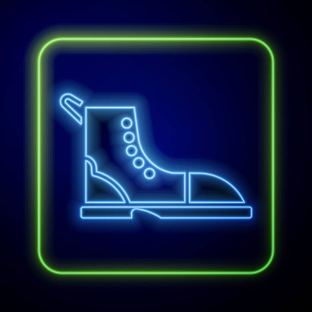 Świecący neon Wędrówka ikona buta izolowane na niebieskim tle. Ilustracja wektora - Wektor, obraz