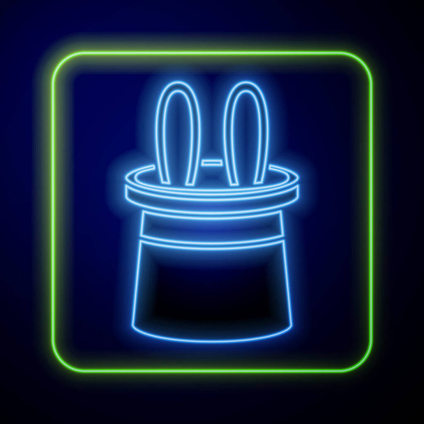 Gloeiende neon Magician hoed en konijn oren pictogram geïsoleerd op blauwe achtergrond. Magische truc. Mysterie entertainment concept. Vector Illustratie - Vector, afbeelding