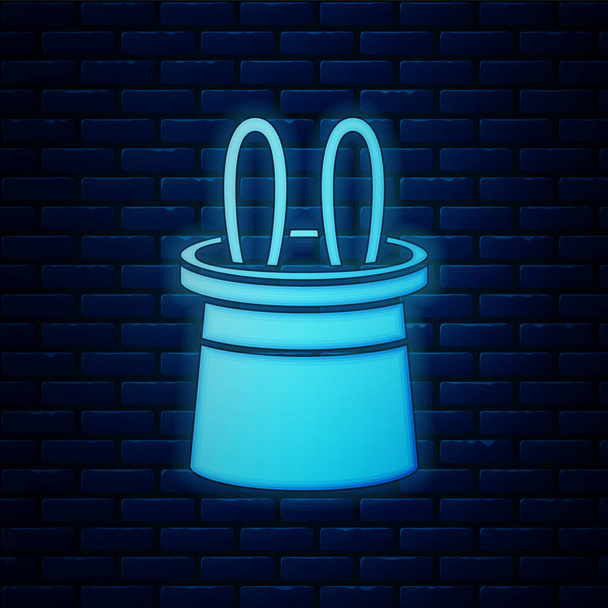 Gloeiende neon Magician hoed en konijn oren pictogram geïsoleerd op baksteen muur achtergrond. Magische truc. Mysterie entertainment concept. Vector Illustratie - Vector, afbeelding
