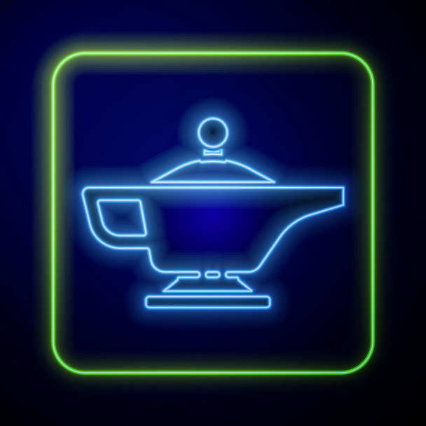Leuchtende Neon Magic Lamp oder Aladdin Lamp Symbol isoliert auf blauem Hintergrund. Geistliche Lampe für Wunsch. Vektorillustration - Vektor, Bild