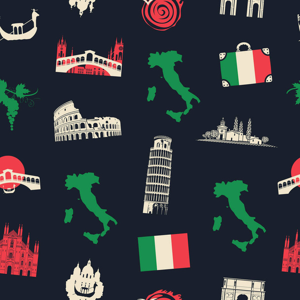 Vektornahtloses Muster zum Thema Italien mit italienischen architektonischen Sehenswürdigkeiten und einer Landkarte in den Farben der italienischen Flagge auf schwarzem Hintergrund. Geeignet für Tapeten, Packpapier, Stoff - Vektor, Bild