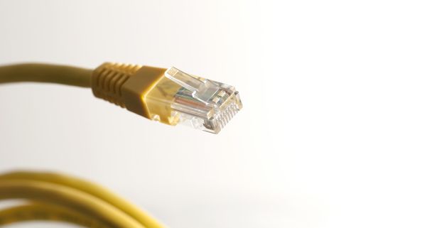 Yellow network cable with RJ45 connector on white background - Photo, Image