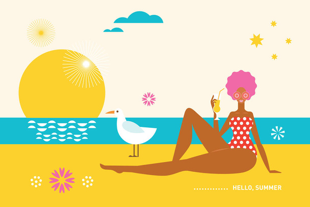 Young woman on the beach. Hello Summer. Vector flat illustration. - Вектор,изображение