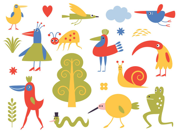 Various birds and bizarre creatures. Children's graphics. Cute characters - Vector, Image