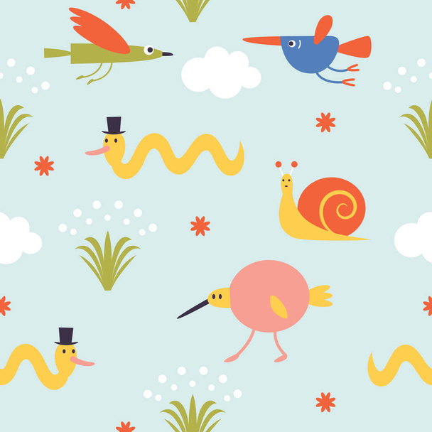 Various birds and bizarre creatures. Children's graphics. Cute characters - Вектор,изображение