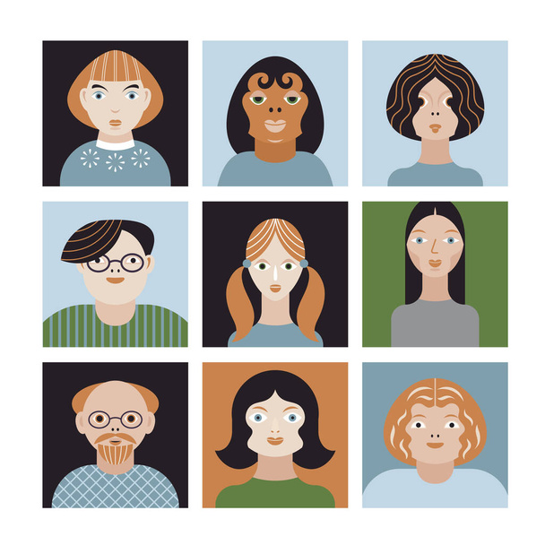 Люди Avatar Face Collection значки, набір стилізованих векторних портретів в мінімалістичному стилі, персонажі мультиплікаційних емоцій
 - Вектор, зображення