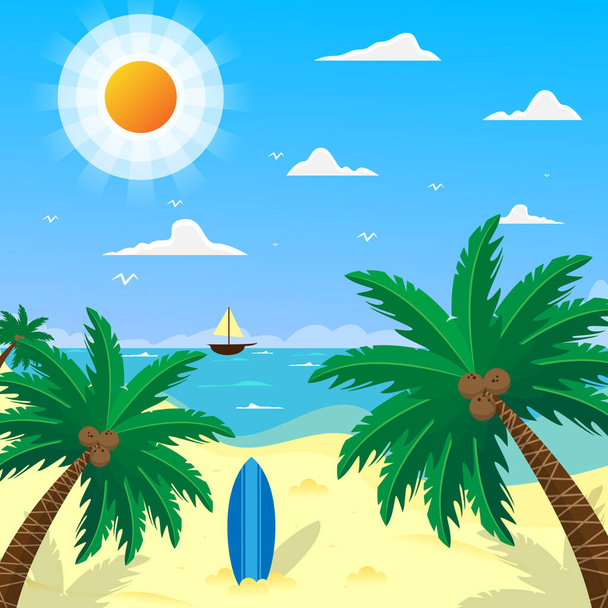 verano vacaciones tumbonas en el mar playa paisaje hermoso paisaje marino bandera playa vacaciones vector fondo ilustración
 - Vector, imagen