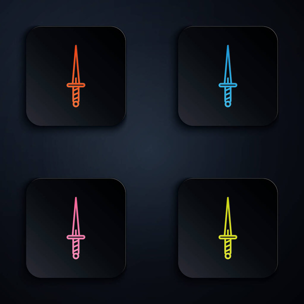 Color neon line Dagger icon isolated on black background. Knife icon. Sword with sharp blade. Set icons in square buttons. Vector Illustration - Vector, Image