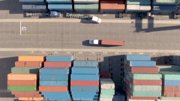 TOP DOWN: Witte vrachtwagen vervoert een rode vrachtcontainer door de drukke haven. - Video