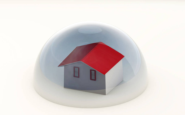 3d weergave van een huis beschermd onder een koepel geïsoleerd op wit - Foto, afbeelding