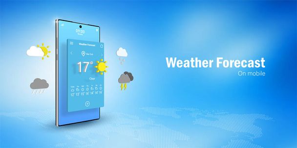 Prognoza pogody Koncepcja, Smartphone wyświetla widget aplikacji Prognoza pogody, ikony, symbole, Baner WWW z miejsca na kopię - Wektor, obraz