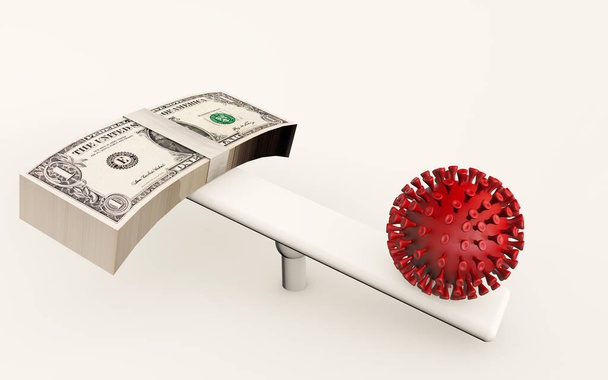 3d rendering of coronavirus disease impact on financial markets. Business concept of crash of economy causing fear. Virus and american dollars money balance on a seesaw isolated on white background - Photo, Image