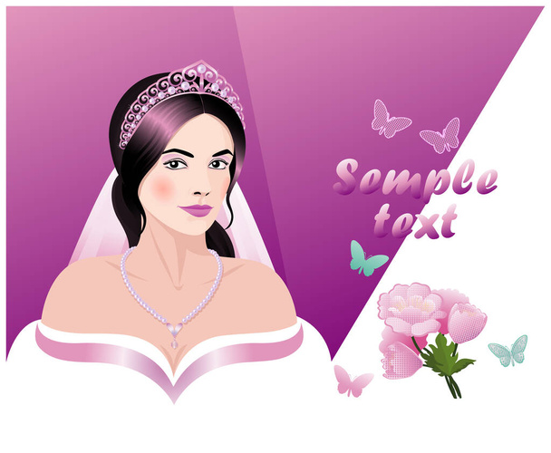 Schöne Braut in Perlenkette und Diadem, Blumen und Schmetterlinge auf weißem und rosa Hintergrund. - Vektor, Bild