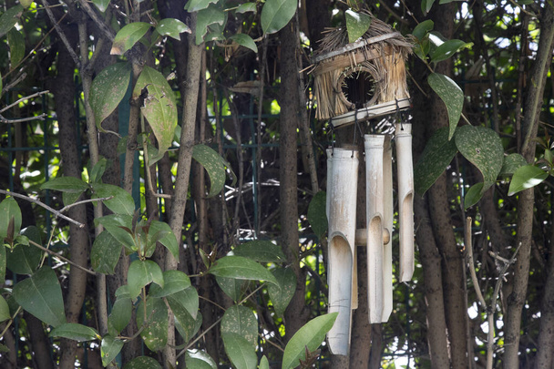 An old bird nest with a wind bell in front of a leafy background - Photo, Image