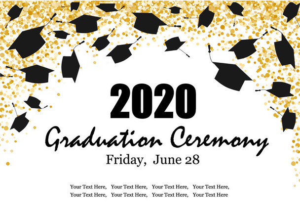 Graduation Class Ceremony van 2020 wenskaarten gezet met goud confetti. Vector grad party uitnodiging poster - Vector, afbeelding