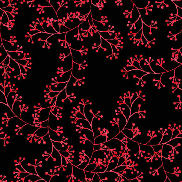 Seamless pattern with hand drawn summer rowan berries. Grapes branch. Floral traditional ornament. Red and black background. Ecology design. For postcards, scrapbooking, textile and wrapping paper - Фото, зображення