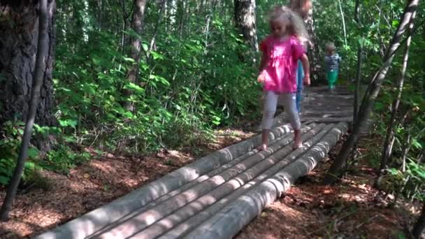 Ξυπόλητη οικογένεια μητέρα με γιο και κόρη περπατώντας σε κορμό δέντρων μονοπάτι κορμούς - Πλάνα, βίντεο