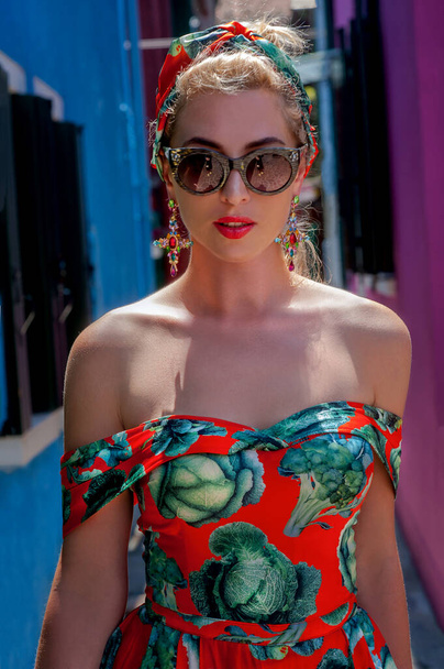 elegant, fashionable girl with glasse stay in the street, in a romantic Burano, Italy
 - Фото, изображение