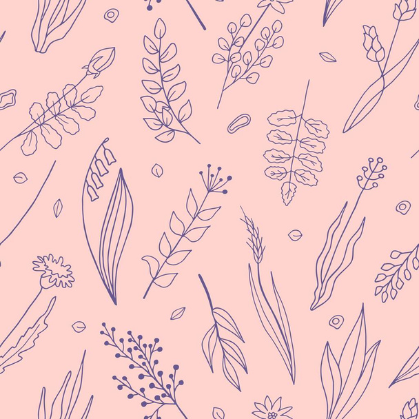 Floral vector seamless pattern. Hand drawn outline violet plants and flowers isolated on pastel pink background. Illustration for wallpaper, textile, fabrics, wrapping, card, decoration - Vector, Imagen
