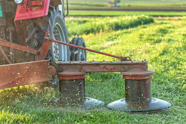 Ein Traktor mit Rasenmäher schneidet Klee. Koppel mit Traktor mähen - Foto, Bild