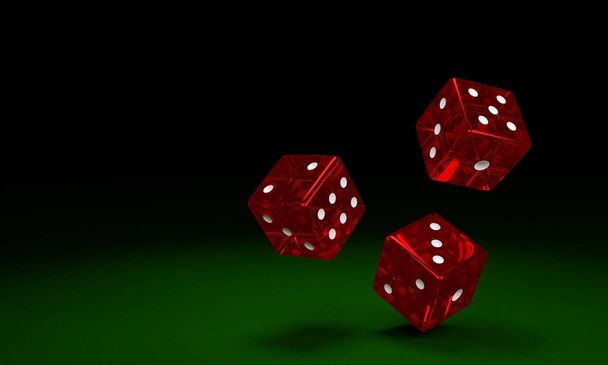Yeşil keçe masasına şeffaf kırmızı zarlar düşüyor. Kumarhanelerde kumar oynama kavramı. 3B Hazırlama - Fotoğraf, Görsel