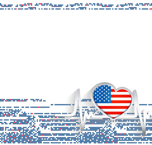 Patriotické pozadí USA. USA vlajka ve tvaru srdce a tlukot srdce linie. Vektorová ilustrace. - Vektor, obrázek