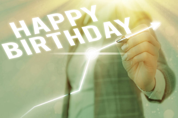 Text sign showing Happy Birthday. Conceptual photo The birth anniversary of an individual is celebrated with presents. - Photo, Image