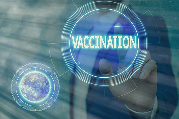 Conceptual hand writing showing Vaccination. Business photo showcasing Treatment which makes the body stronger against infection Elements of this image furnished by NASA. - Photo, Image