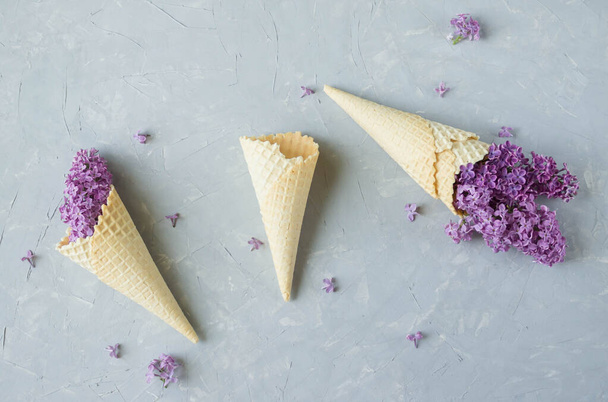 three waffle cones for ice cream are filled with lilac flowers on a gray background, spring minimalism - 写真・画像