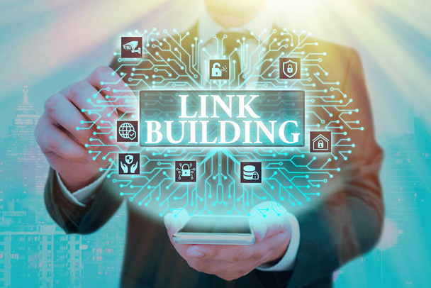 Tekst pisma Link Building. Pojęcie oznaczające SEO Term Exchange Links Acquire Hiperlinks Indexed. - Zdjęcie, obraz