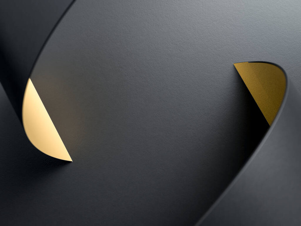 3d rendering of curved black and golden helix on black background. Perfect background for business. Minimalist black and golden image with copyspace - Valokuva, kuva
