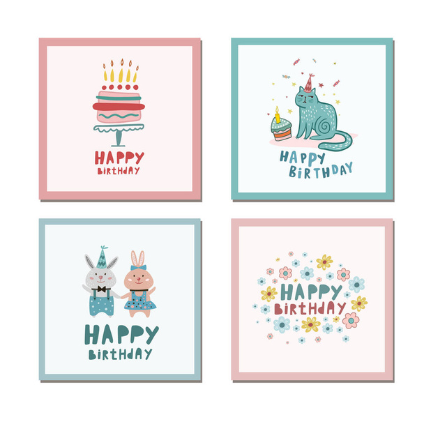 Set of birthday cards. Vector birthday illustration. Doodle color drawings. - Vetor, Imagem