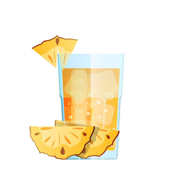 Ананасовый сок со льдом и ломтиками фруктов в красивом стекле. Смешные пузырьки, летние каникулы. Изолированный на белом фоне
 - Вектор,изображение