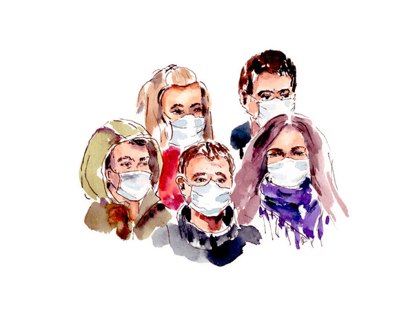 Akvarell illusztráció ha - egy csoport ember védő maszkok. vírusvédelem, járvány - Fotó, kép