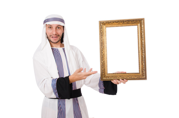 Young arab with picture frame on white - Photo, Image