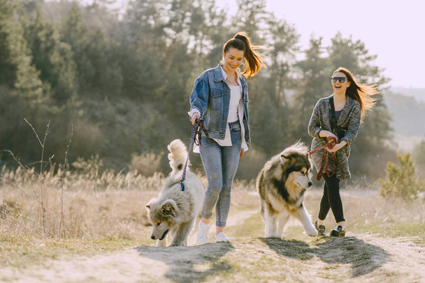 Two stylish girls in a spring field with a dog - Zdjęcie, obraz